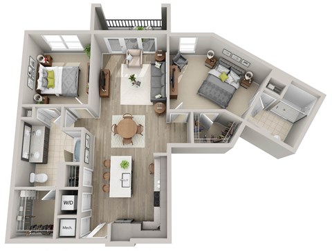 a 3d floor plan of a home with a bedroom and a living room